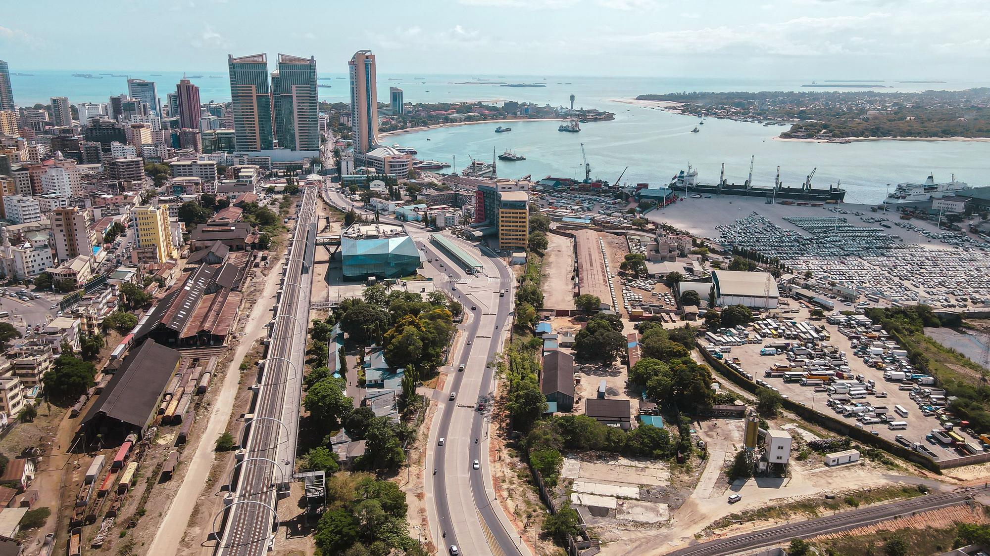 Aerial view of Dar es Salaam harbour, port, and city skyline
