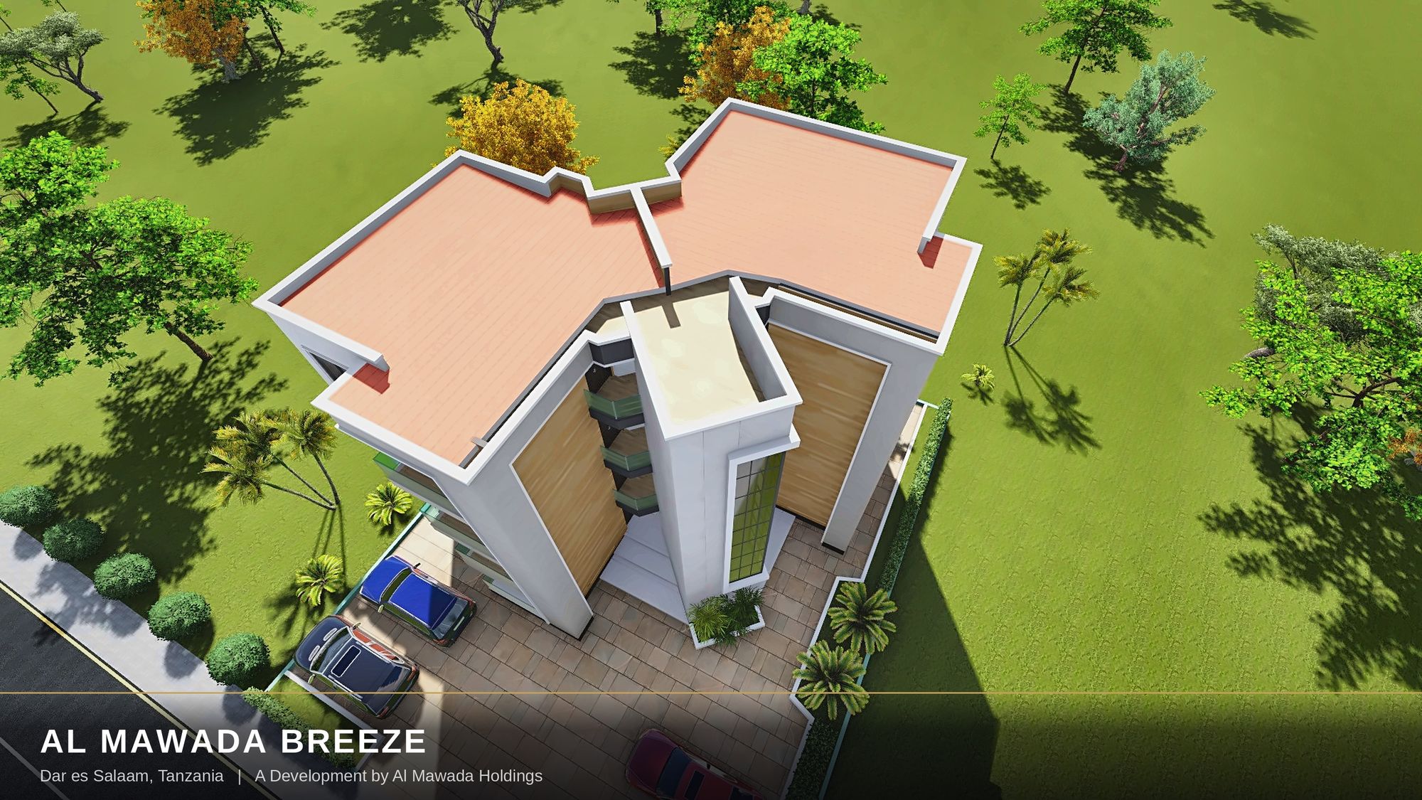 Aerial view of Al Mawada Breeze twin-tower roofline, Mbezi Beach
